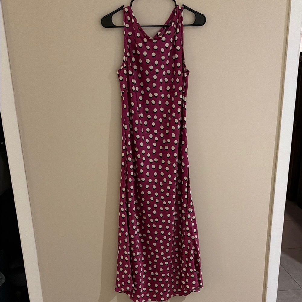 Polka Dot Magenta Slip Dress - Sleeveless Satin Midi